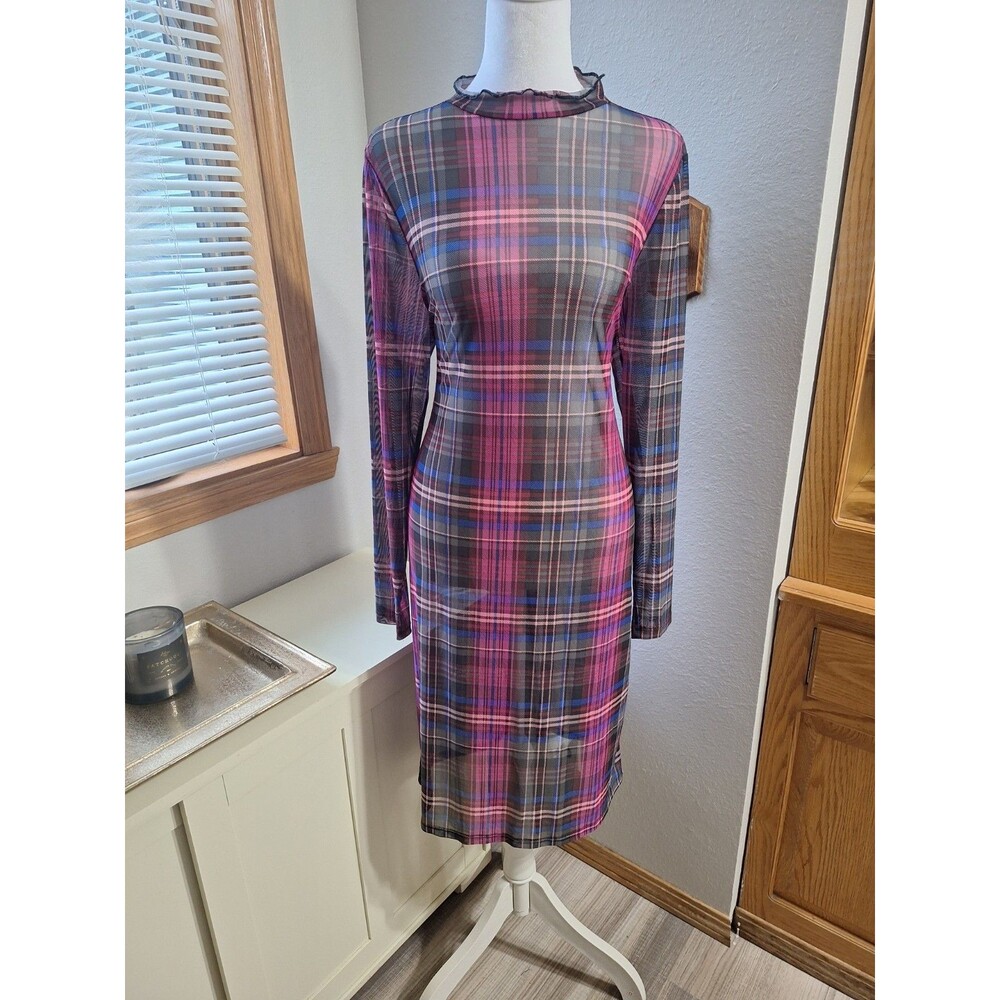 TORRID SIZE 0  Mesh /SHEAR  Mock Neck Dress Long Sleeve Pink purple Plaid